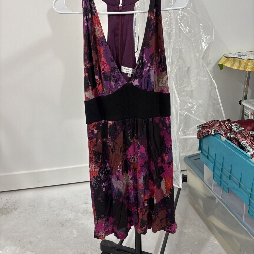 Trina Turk Womens Multicolored V Neck Halter Empire Waist A-Line Dress 10